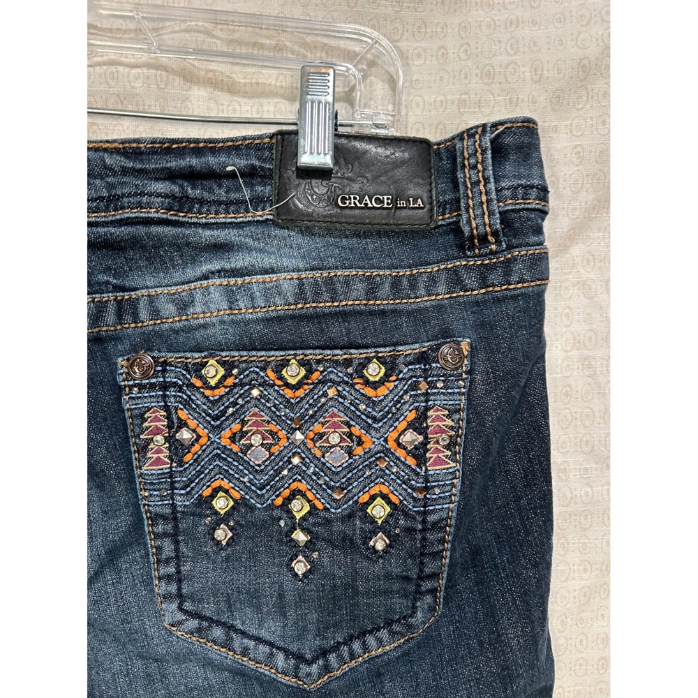 Grace in LA Women Size 33 Dark Wash Straight Embellished Embroidered Jeans #2162 - Picture 7 of 12
